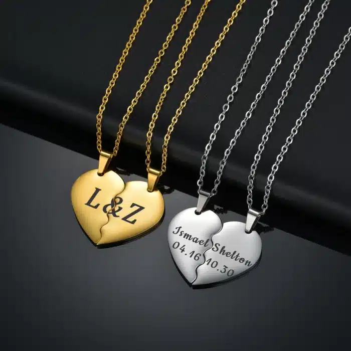 Collier couple personnalisé coeur brisé gravé 2