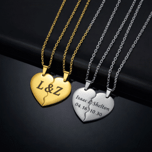 Collier couple personnalisé coeur brisé gravé