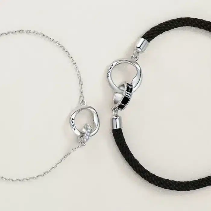 Bracelet couple élégant noir et argent 2