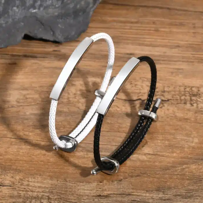 Bracelet couple gravé noir et argent 5