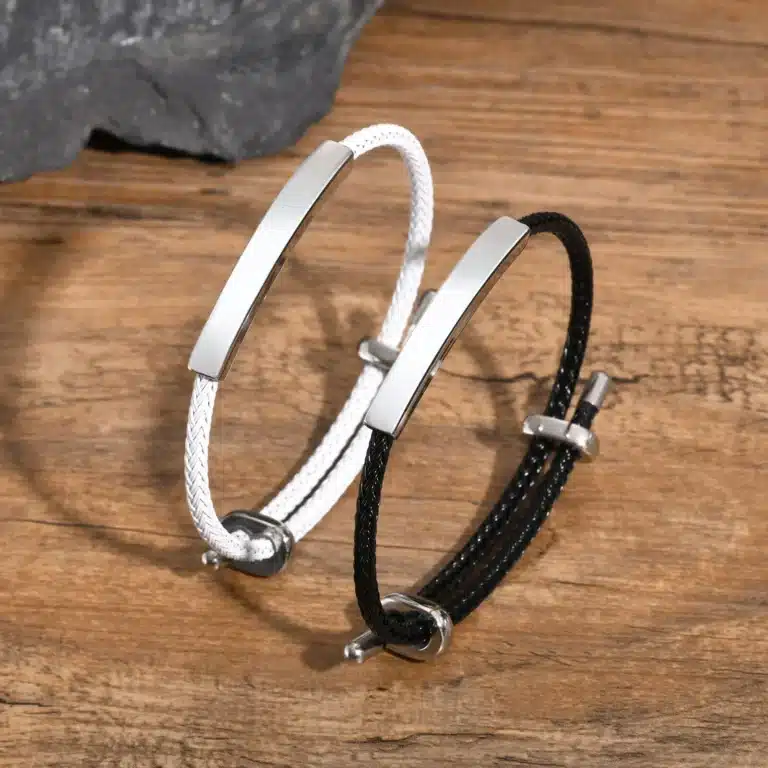 Bracelet couple gravé noir et argent 5