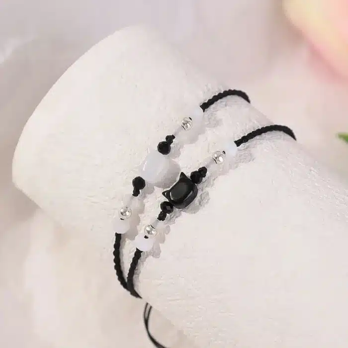 Bracelet couple corde chat noir et blanc 1