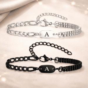 Bracelet couple personnalisé noir et argent initiale