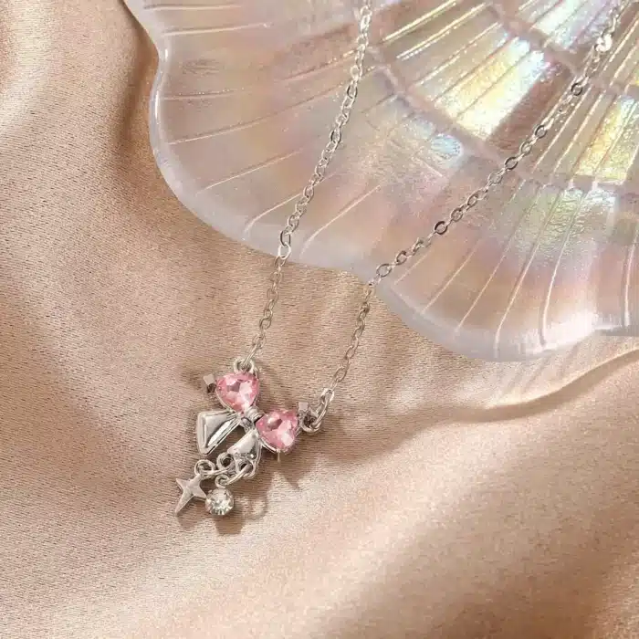 Collier couple nœud rose pour femme 3