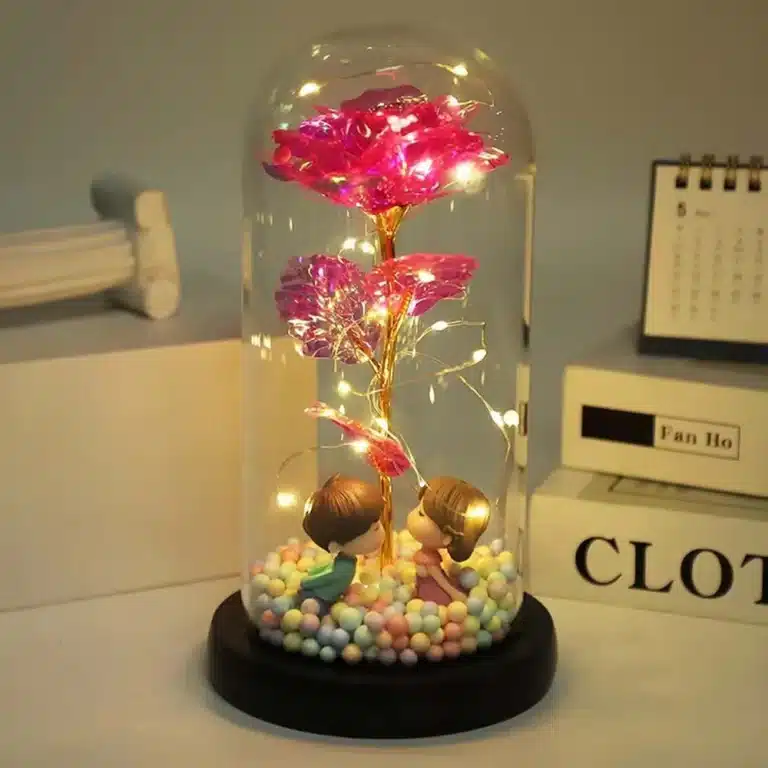 Rose éternelle lumineuse colorée sous cloche 2