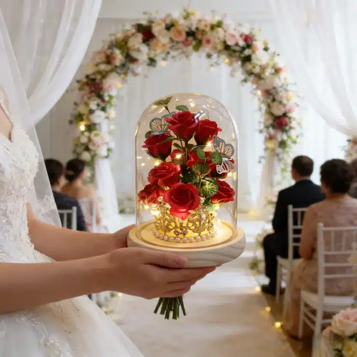 Rose éternelle cloche avec papillons 1