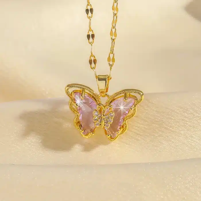 Collier couple femme papillon rose 1