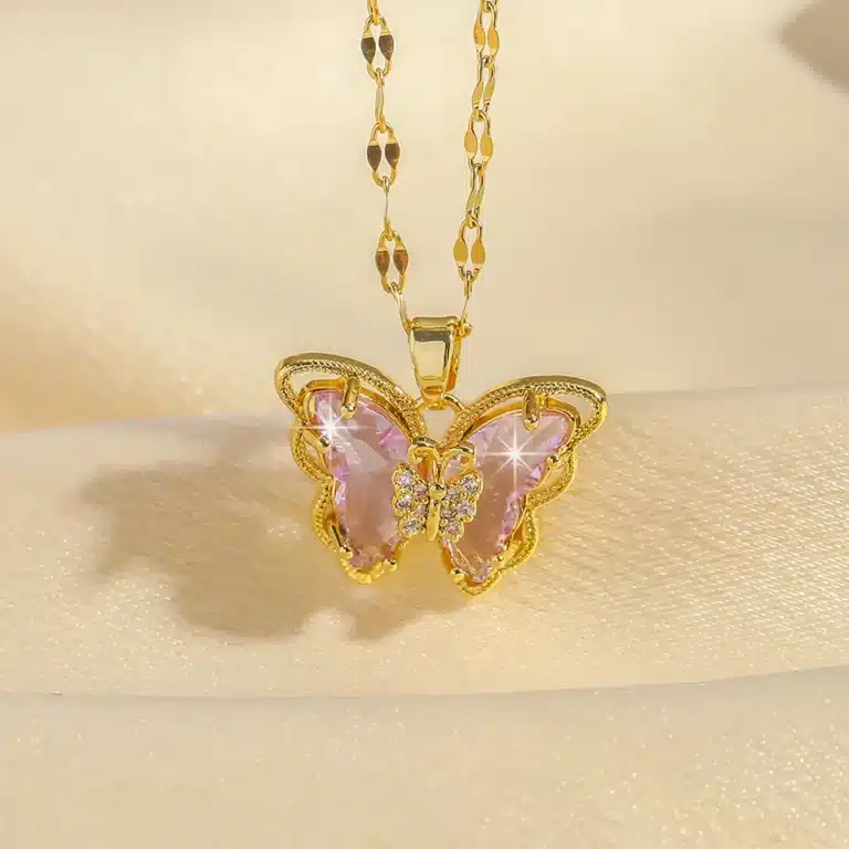 Collier couple femme papillon rose 1