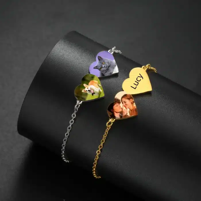 Bracelets couple personnalisés avec photo et coeur 1