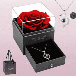 Boite noire rose éternelle avec collier projection je t'aime