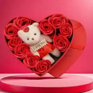 Boite rose éternelle en forme de coeur avec ourson 1