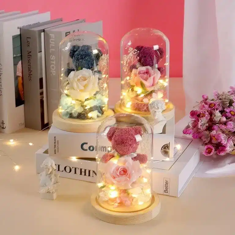 Ourson rose éternelle avec lumière 1