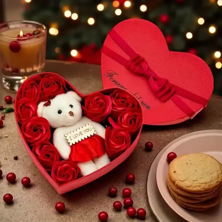 Boite rose éternelle en forme de coeur avec ourson 5