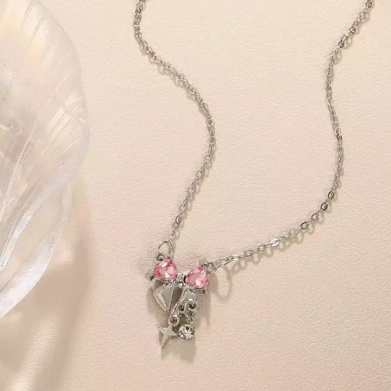 Collier couple nœud rose pour femme 5