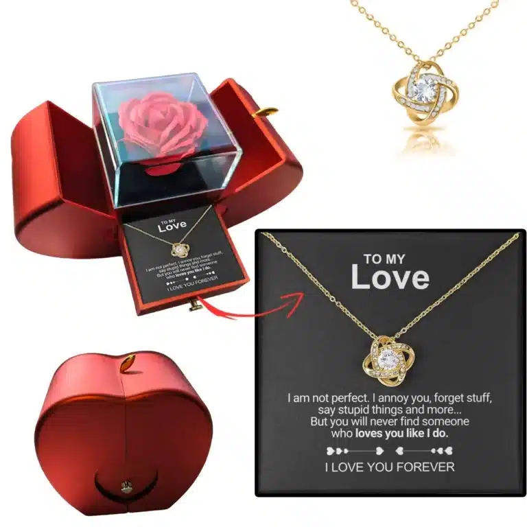 Boite à bijoux pomme avec rose éternelle et collier couple 2