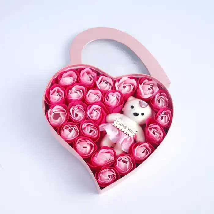 Rose éternelle boite coeur avec nounours 3