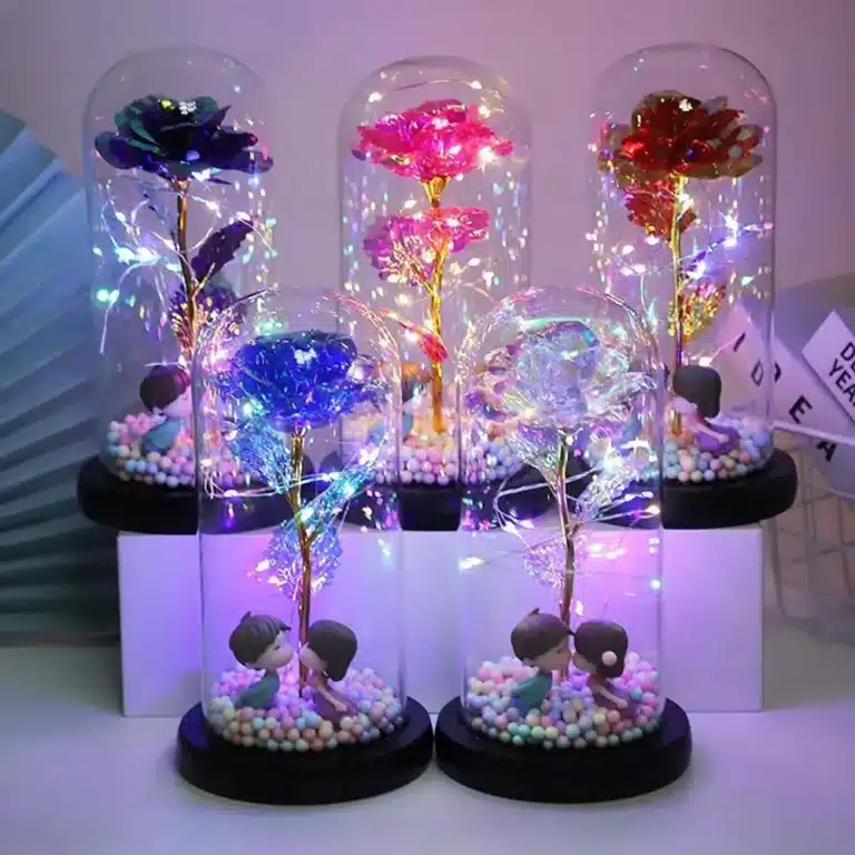 Rose éternelle lumineuse colorée sous cloche 4