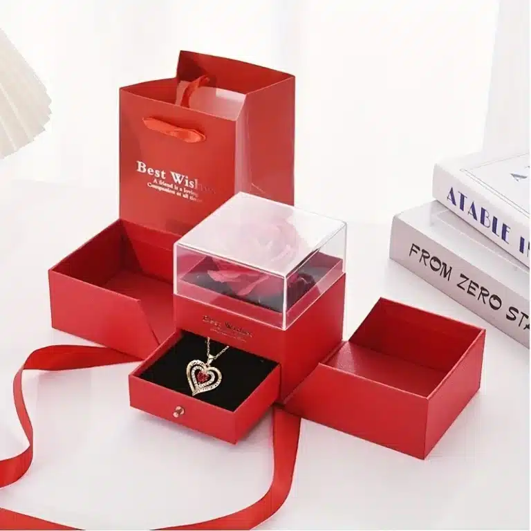 Boite à bijoux double avec rose éternelle et collier pour femme 3
