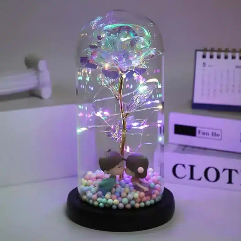 Rose éternelle lumineuse colorée sous cloche 3