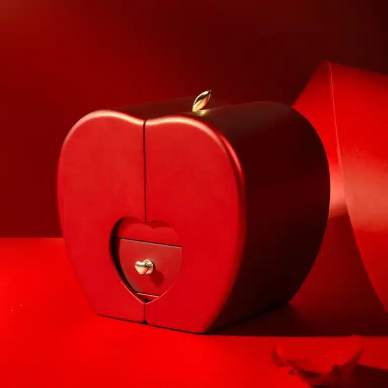 Boite pomme avec rose éternelle et collier rouge 5