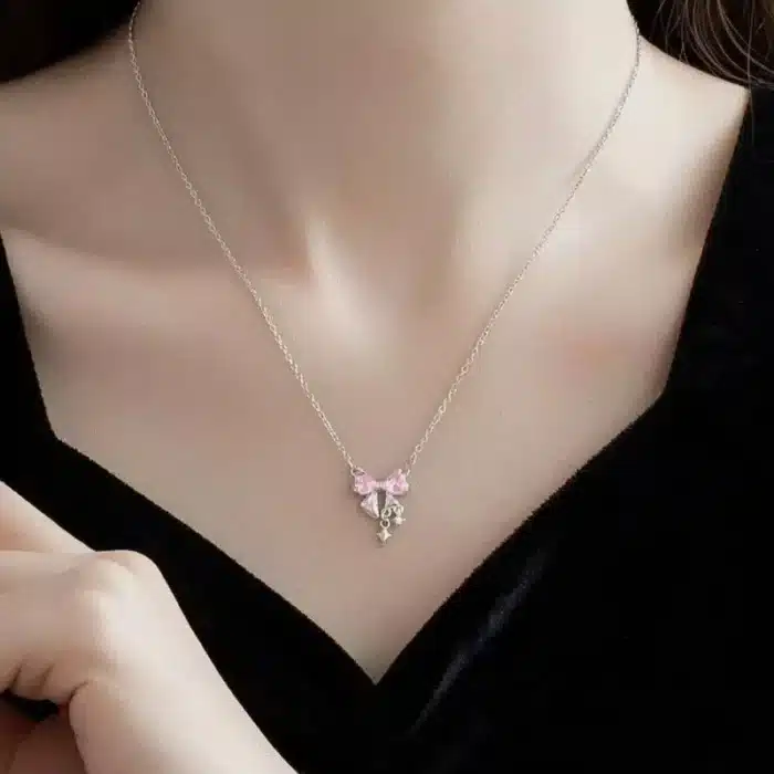 Collier couple nœud rose pour femme 2