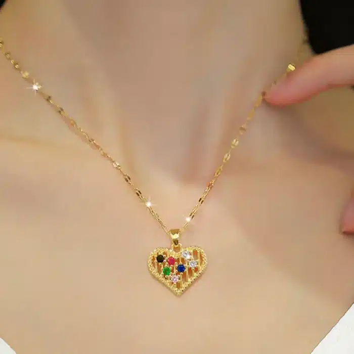 Collier femme coeur avec petites pierres colorées 1