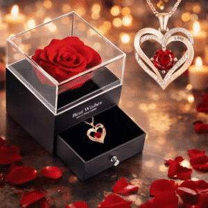 Boite à bijoux rose éternelle avec collier coeur rouge