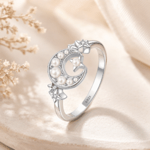 Bague femme lune étoiles perles argent