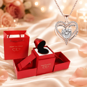 Boite bijoux rose éternelle collier coeur brillant rose gold