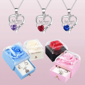 Boîte à bijoux rose éternelle collier coeur fête des mères