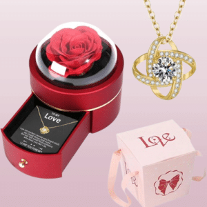 Boite à bijoux ronde avec rose éternelle et collier femme