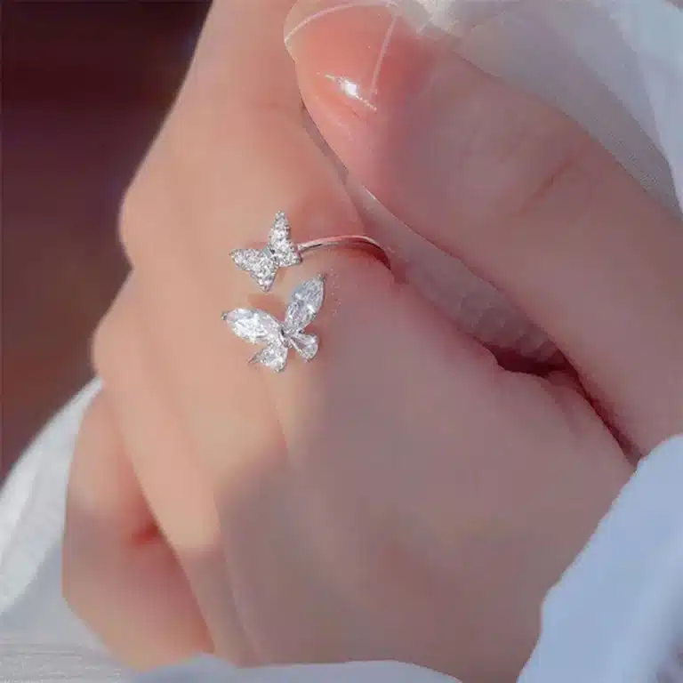 Bague femme double papillons brillants 2