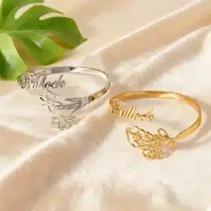 Bracelet femme manchette prénom doré fleur ajourée 1