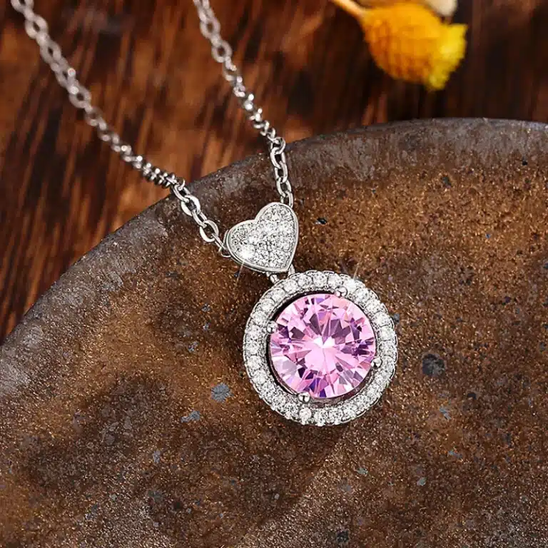 Collier femme pierre rose cœur strass 1