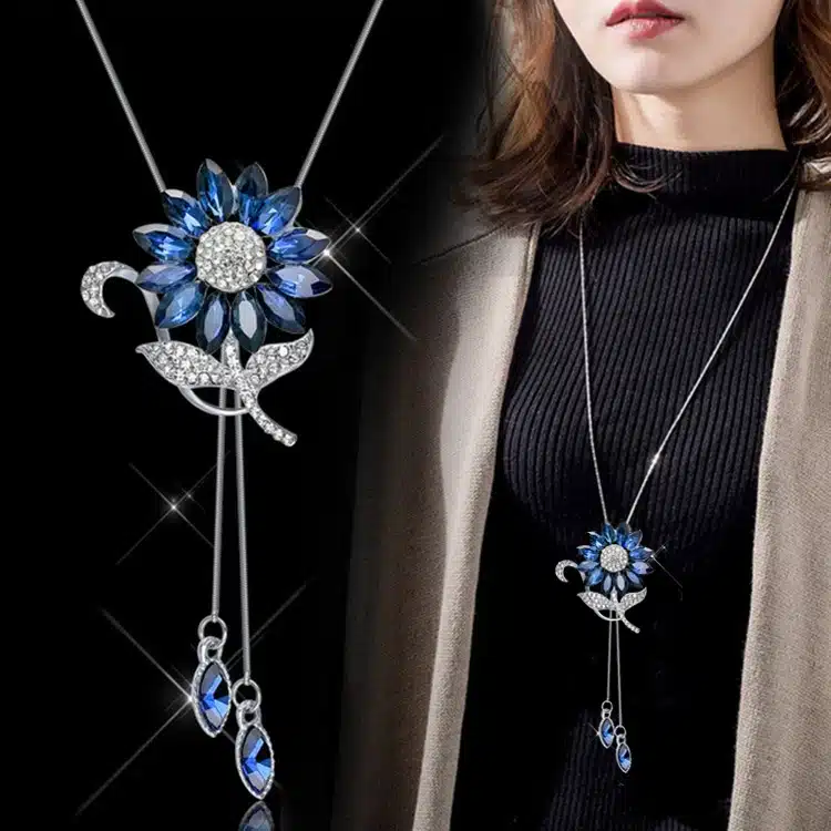Collier long femme fleur bleue 1