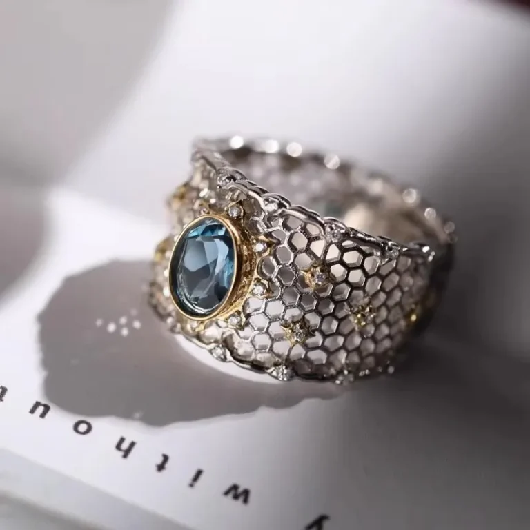 Bague nid d'abeille topaze bleue 1