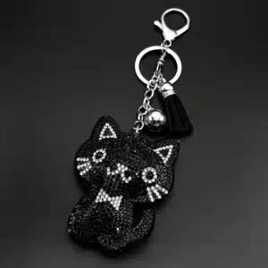 Porte-clés femme chat noir brillant strass 1