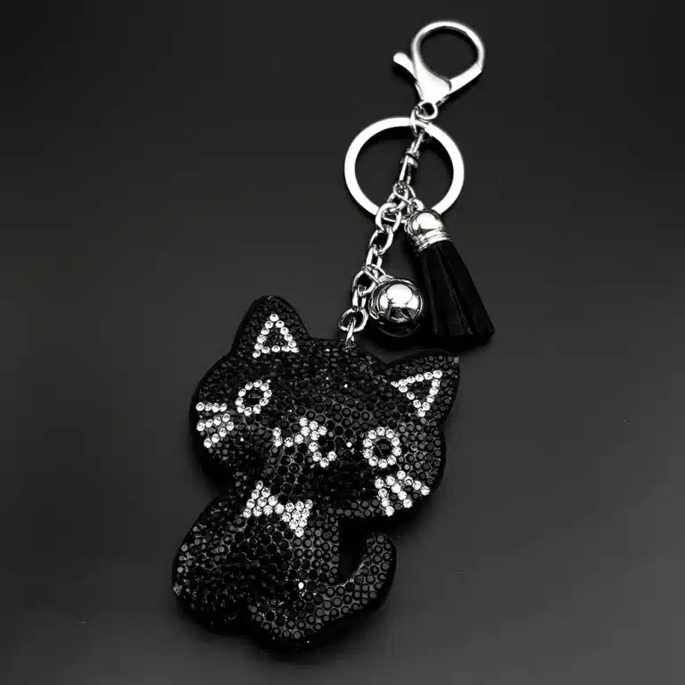 Porte-clés femme chat noir brillant strass 1