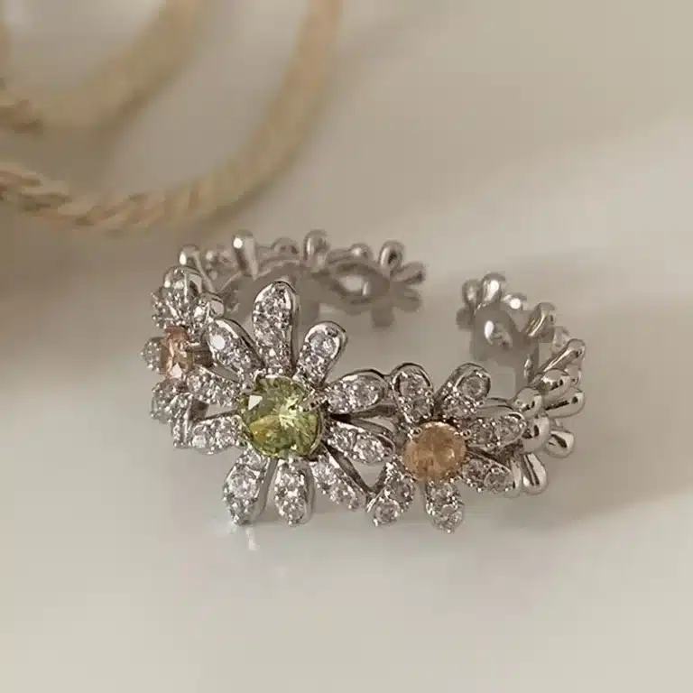 Bague femme couronne de fleur argent pierres colorées 1