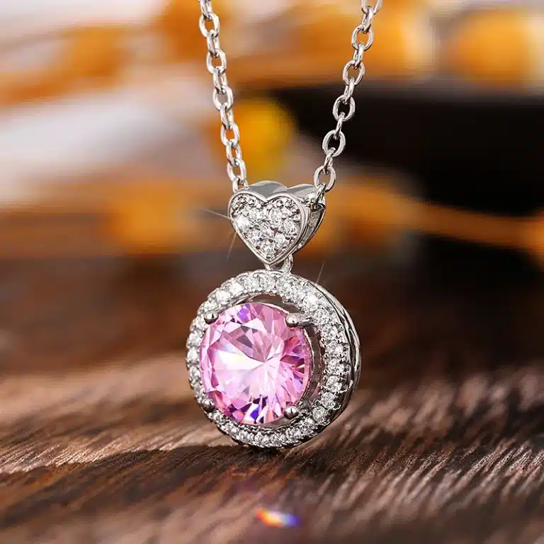 Collier femme pierre rose cœur strass 2