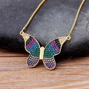 Collier femme papillon rayé vert bleu violet 2