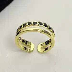 Bague femme couronne multi-rangs noire et dorée 1