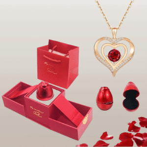 Boite bijoux rose éternelle collier coeur brillant rouge et doré