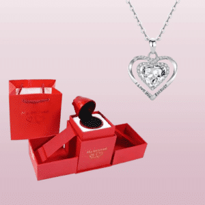 Boite bijoux rose éternelle rouge collier coeur blanc brillant