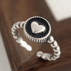 Bague femme boules argent coeur noir