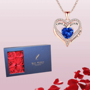 Cadeau femme 6 roses éternelles avec collier coeur
