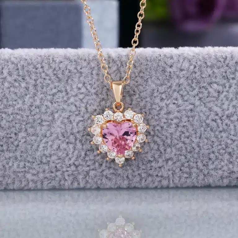 Collier femme cœur rose doré strass 6