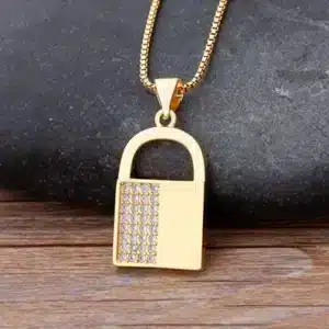 Collier femme cadenas plat doré brillant 1