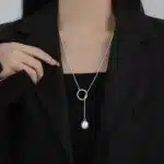 Collier femme Y anneau argent perle 1