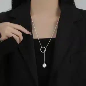 Collier femme Y anneau argent perle 1